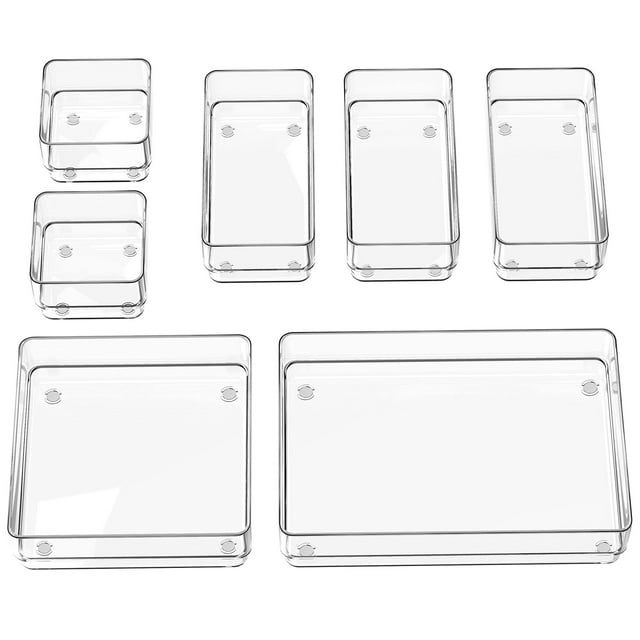 SMARTAKE Organizador de cajones de 7 piezas con almohadillas de silicona antideslizantes, bandejas organizadoras de cajones de escritorio de 4 tamaños, bandeja de almacenamiento para maquillaje, joyas