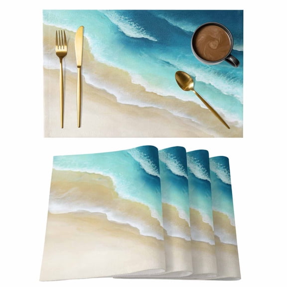 Teal Gradient Ocean Placemats Set of 6, Ombre Watercolor Coastal Beach Waves Placemats for Dining Table, Place Mats for Kitchen Tabletop, Waterproof Wipeable Dining Table Mats Set