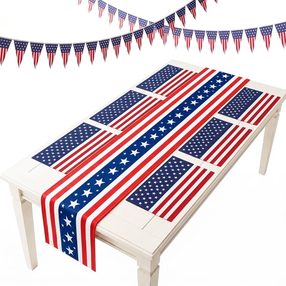 MQJIAZHI Premium 4th of July Patriotic Table Decor Set - Custom American Flag Runner, Placemats & Streamers for Independence Day Parties