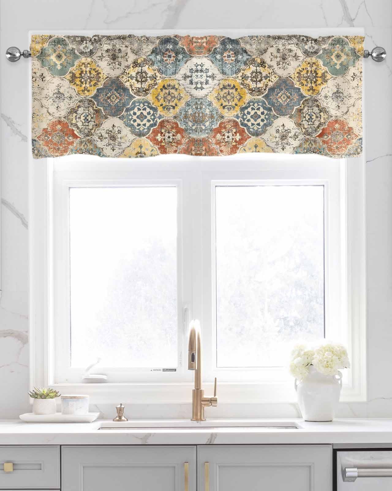 Vintage Boho Kitchen Valances for Windows Farmhouse Linen Window Valance Curtain for Living Room Window Treatment Chic Farmhouse Neutral Morocco Geometric Valance Rod Pocket Topper, 60 x 18 Inch