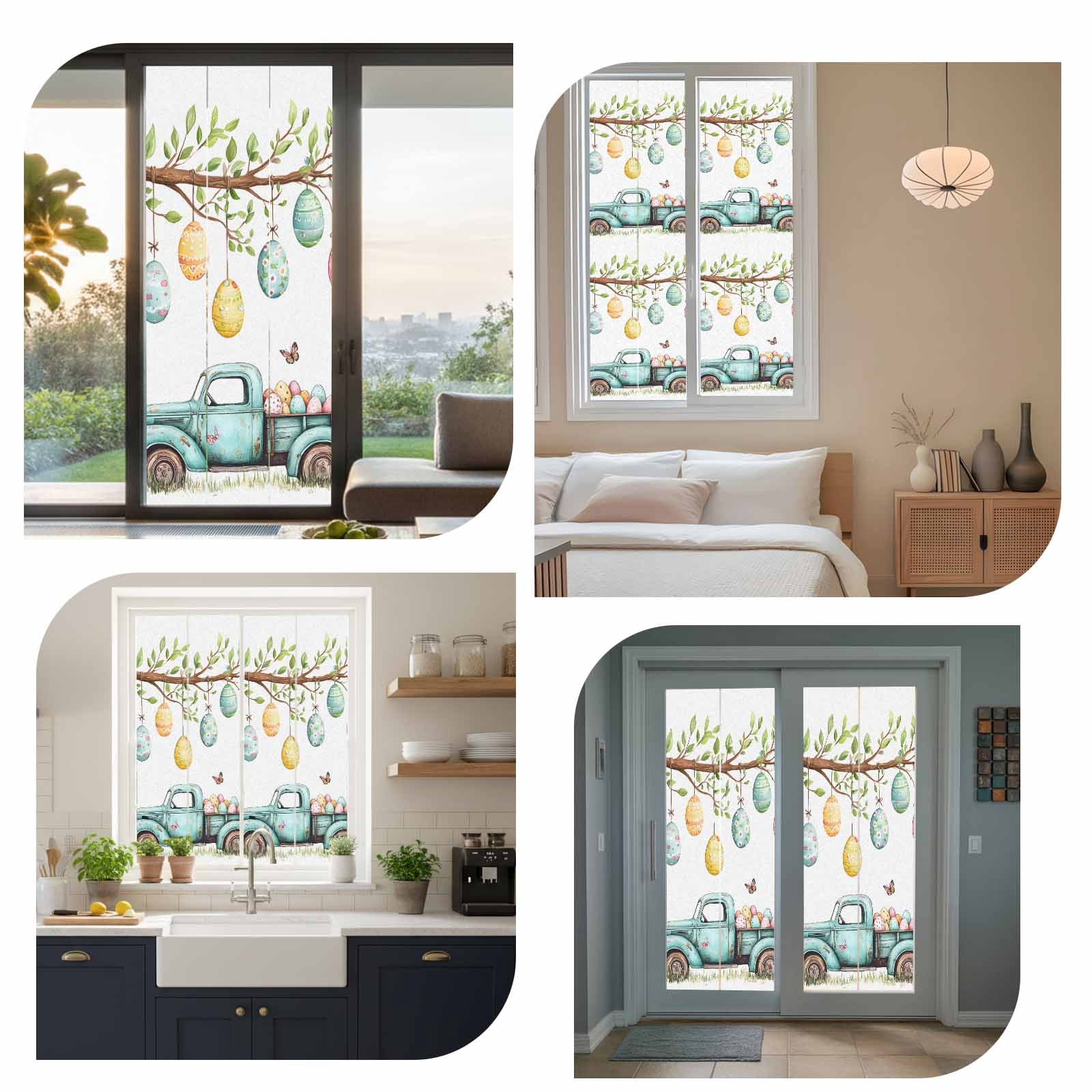 Easter Eggs Window Privacy Film, Truck with Egg Frosted Glass Window Clings Static Cling UV Heat Blocking Reusable Door Sticker for Bathroom 23.6 x 59 Inch