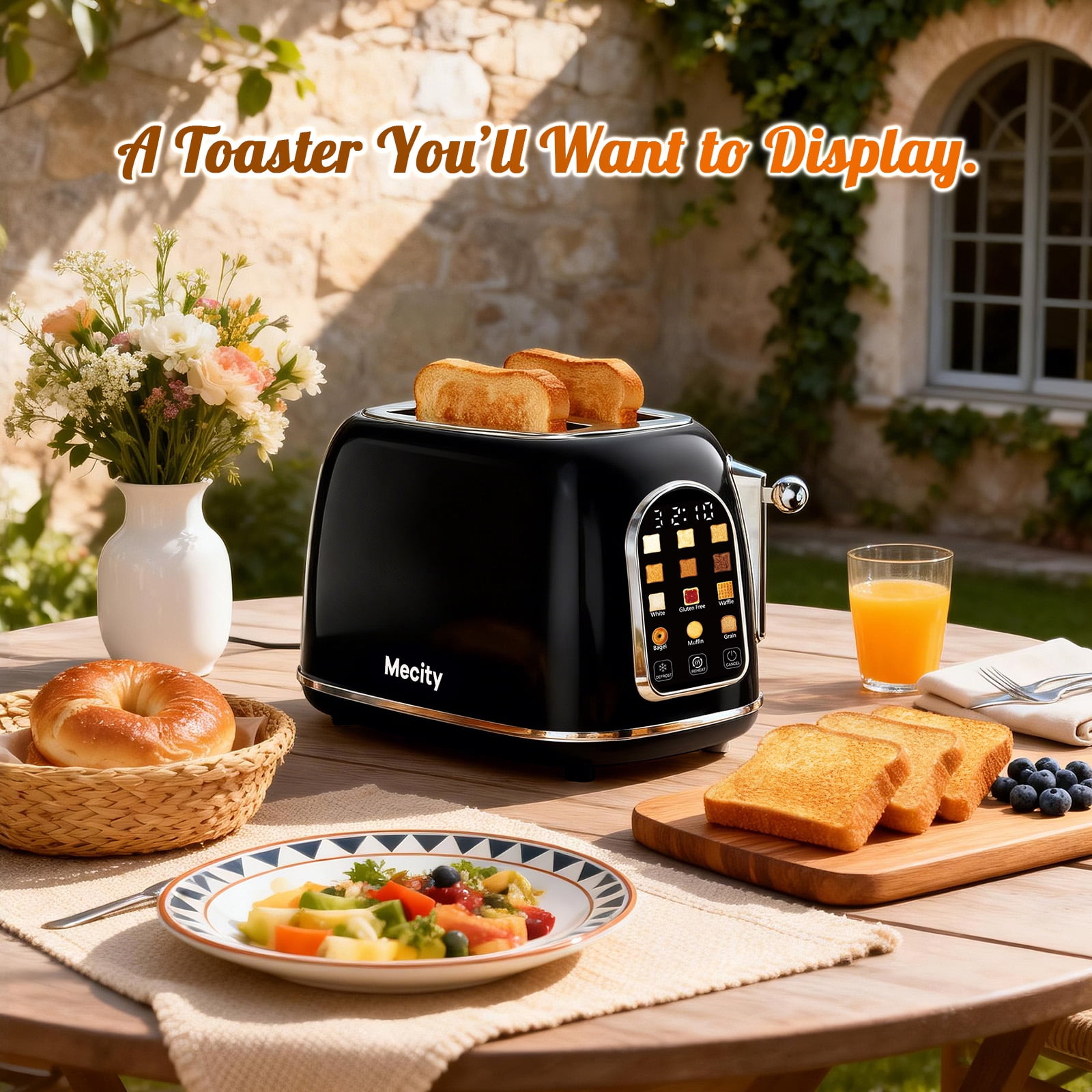 Mecity Easy Touch Screen Toaster 2 Slice – Retro Wide Slot Stainless Steel Toaster with Large Display, 6 Browning Levels, Bagel, Defrost & Reheat, Removable Crumb Tray, Black