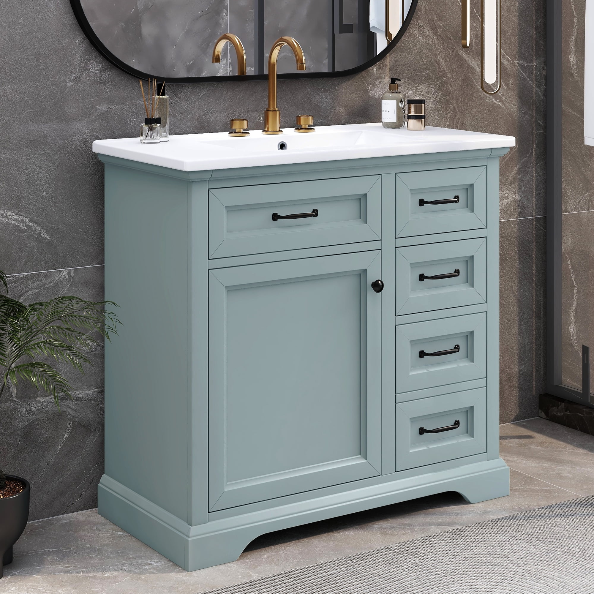 Euroco 36" Bathroom Vanity with Sink, Ceramic Sink, 2 Tip-out Drawers, Soft Close Door Hinges