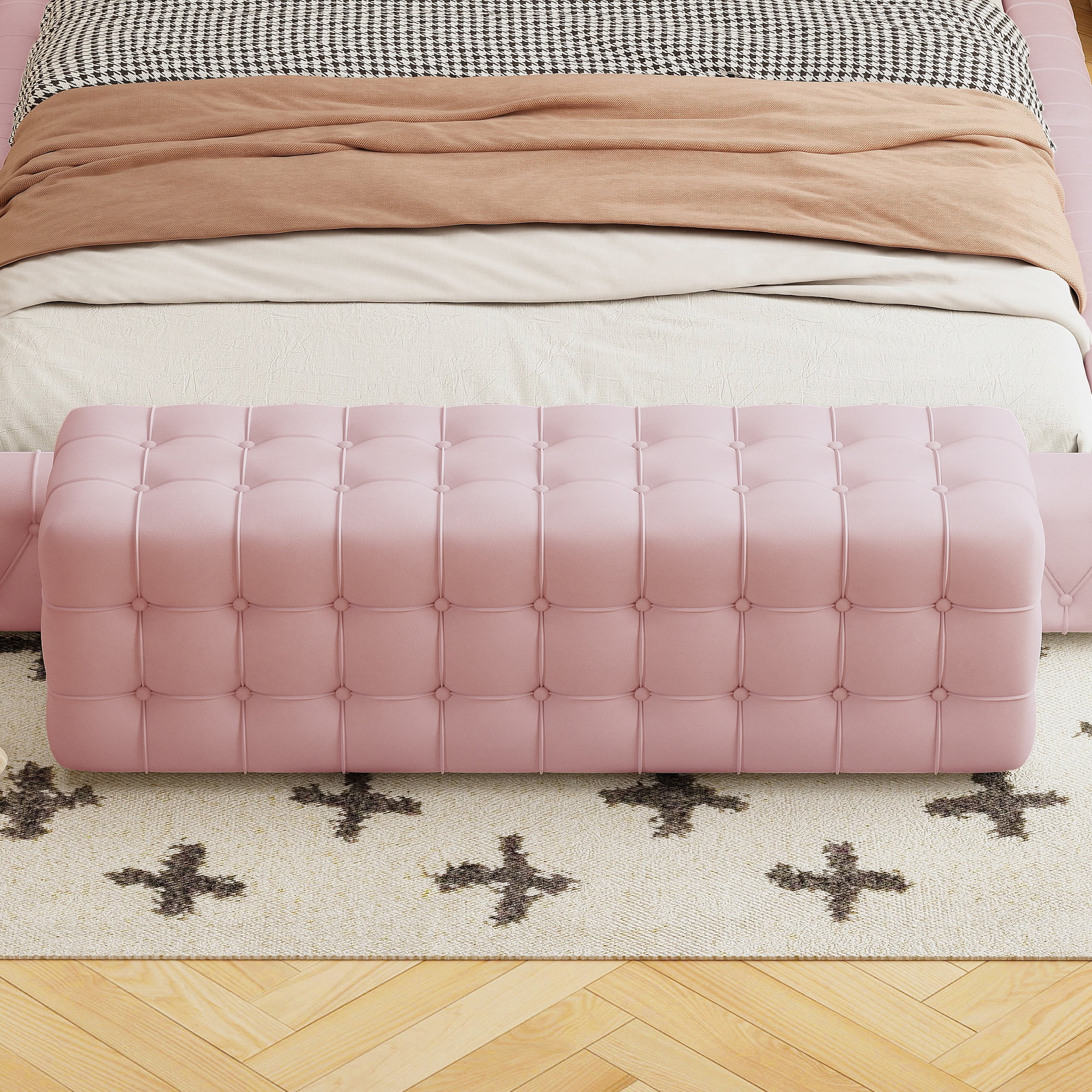 PORKISS Upholstered Ottoman, All Covered Velvet Rectangular Footstool, Wood Modern Ottoman Bench for Bedroom, No Assembly Required, Pink