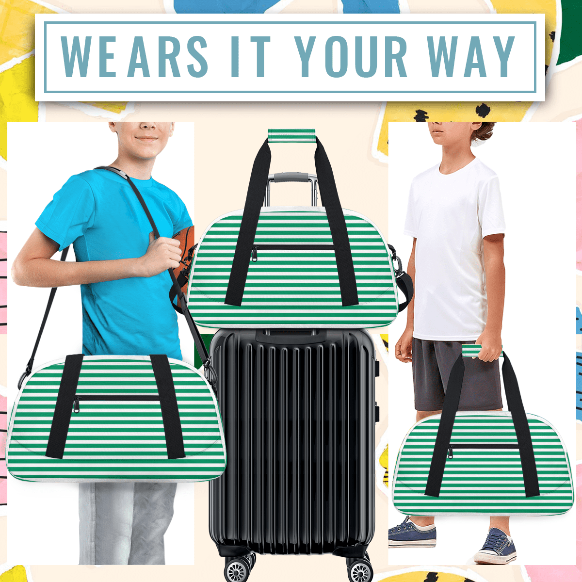 Herdesigns Green Striped Sports Duffle Bag for Women & Men, Gym Bag Dance Bag Overnight Bag Carry On Weekender Travel Bag