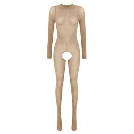 YONGHS Woman s Bodystocking Lingerie Long Sleeve See-through Hollow Out Bodysuit Sheer Mesh Jumpsuit Coffee Crotchless One Size