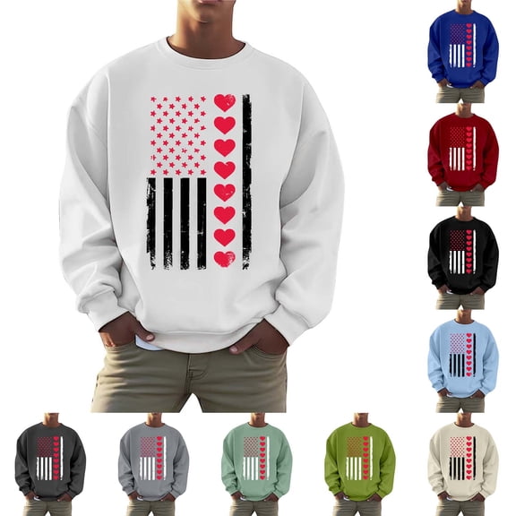 Valentine's Sweatshirt Men Cute Love Heart Printed Casual Long Sleeve Valentine Tshirt Clothes Top Red L