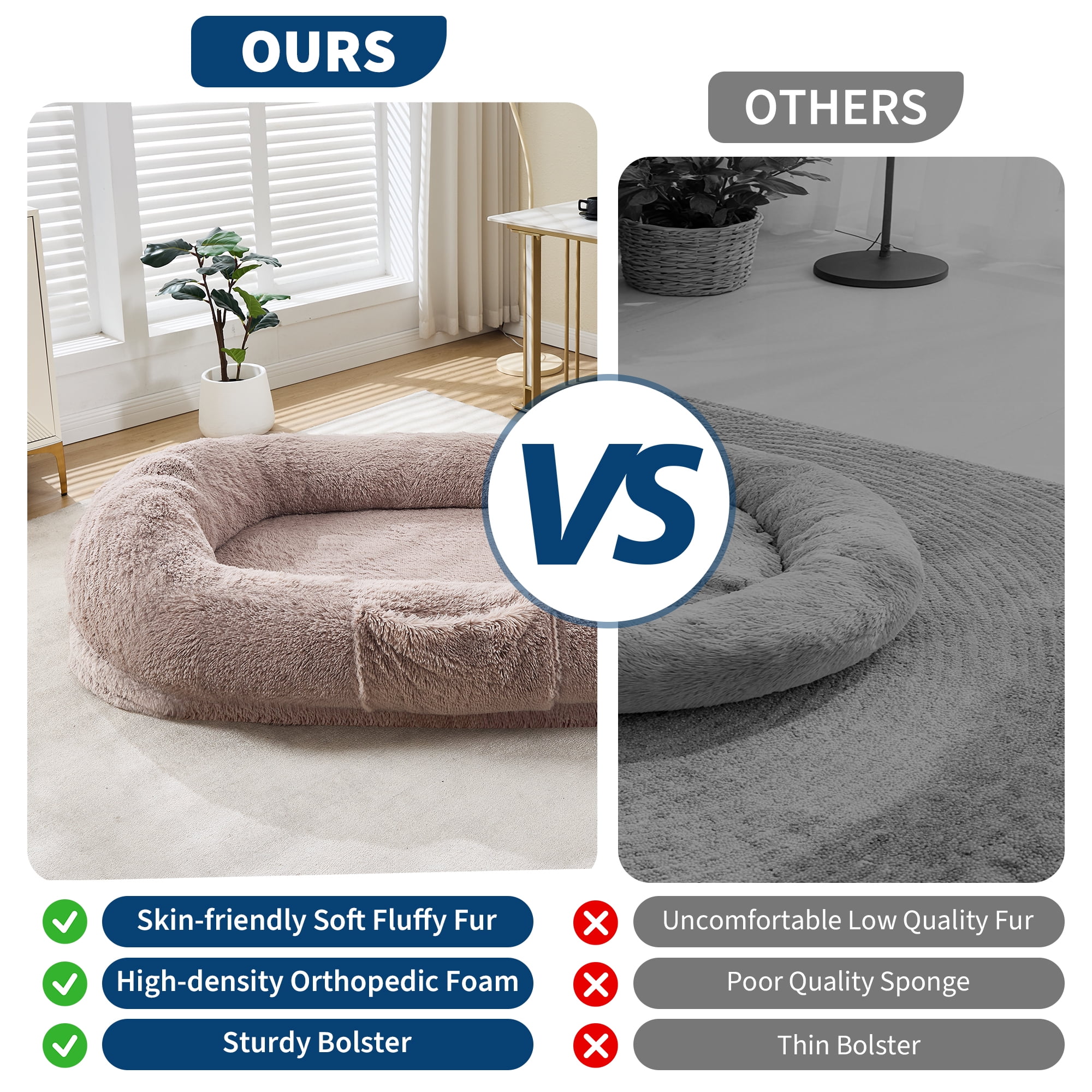 Gaderth Giant Human & Pet Dog Bed, 64.9" x 41.3" Large Giant Shared Bed, Washable Faux Fur Orthopedic Bed with Plump Pillow, Side Pocket & Strap, No Assembly Needed
