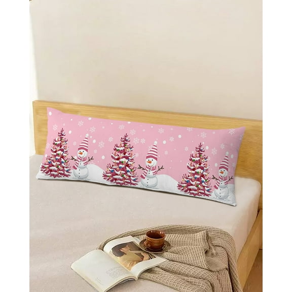 Pink Christmas Throw Pillow Cover,Snowman Pine Tree Snowflake Seasonal Winter Rectangle Decorative Pillow Case Protector Soft Cushion Cover Lumbar Pillowcase for Couch Sofa Bedroom Decor 20x54 Inch