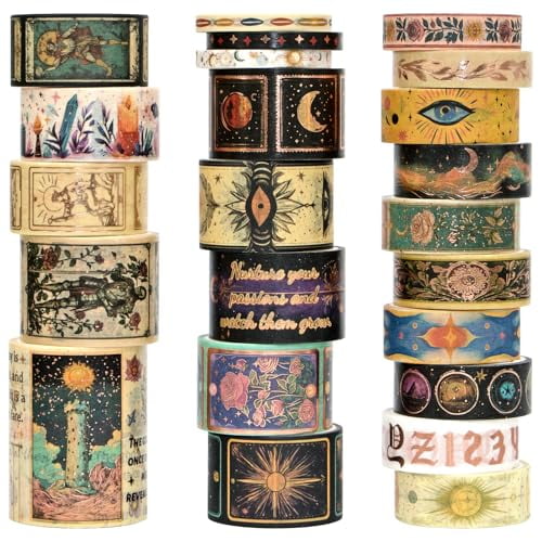 Gold Foil Washi Tape Set – 23 Rolls Tarot Washi Stickers Vintage Decorative Tapes for Journaling Supplies, Scrapbooking, DIY Crafts, Junk Journal, Craft Supplies(Celestial Symbols/ Starry/ Magic)
