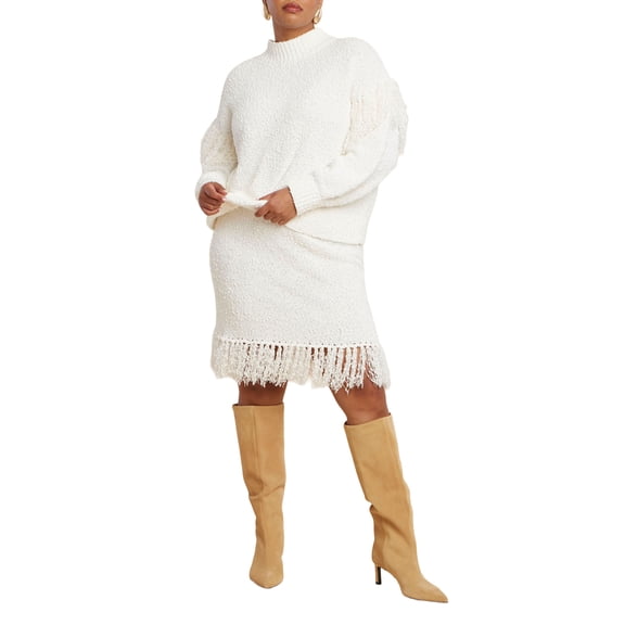 ELOQUII Women's Plus Size Looped Fringe Sweater Mini Skirt