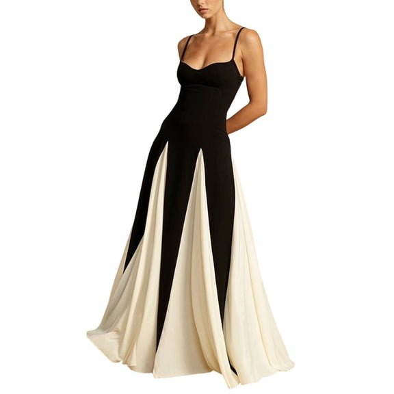 Jaimenalin Spaghetti Strap Backless Spring Dresses Women Flowy Maxi Dresses Sleeveless Wedding Guest Dress Black & White M