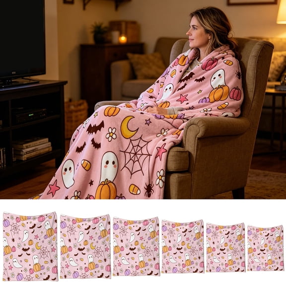 Fllostpr 39x51" Halloween Ghost&Pumpkin Pink Fleece Blanket, Soft Warm Flannel Blanket for Sofa Bed Couch Office Travel Camping Nap, 6 Sizes