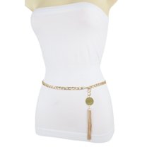 Women Gold Metal Chain Links Belt Tassel Circle Charm XS S M