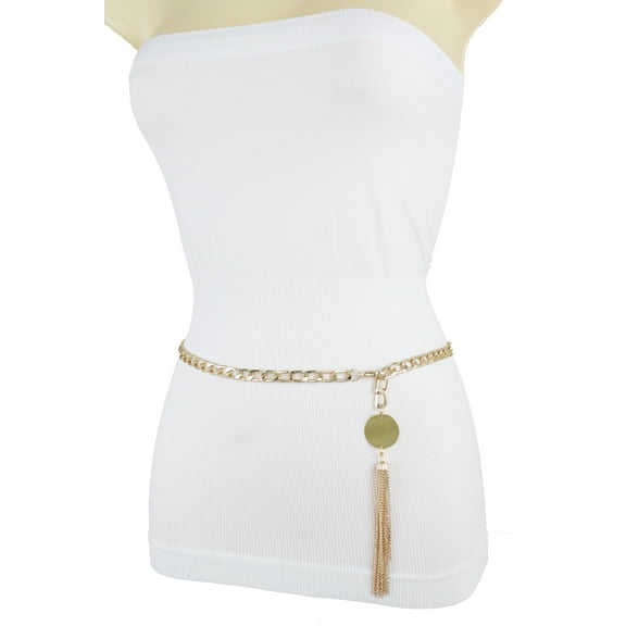 Women Gold Metal Chain Links Belt Tassel Circle Charm XS S M
