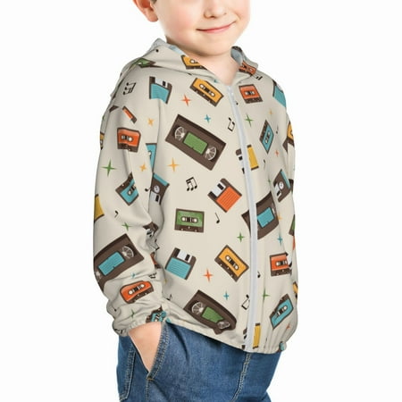 

Uemuo Retro Vintage Tape Pattern Rash Guard for Boys Girls Long Sleeve Swim Shirts UPF 50+ UV Sun Protection Hooded Fishing Shirt with Pocket for Kid-3 Years