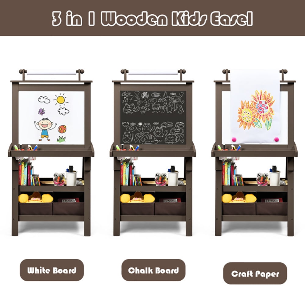 Spaco 3-in-1 Double-Sided Storage Art Easel, Toddler Art Easel for Kids Ages 3-8, Educational Toys Gifts for Kids, Brown
