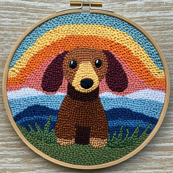 DIY Punch Needle Kits for Beginners Cute Brown Dachshund with Sunset with Hoop Embroidery Punch Needle Starter Craft Set Easy for Adults and Children Festival Gift and Decoration 20x20cm-1