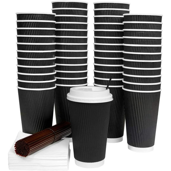 Galashield 16 Oz Disposable Coffee Cups with Lids 50 Pack Hot Paper Ripple Cup with Stirring Straws and Napkins, Black