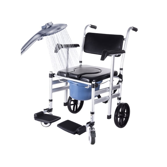 Aluminum Alloy Shower Commode Wheelchair, Rolling Foldable Commode Chair, Portable Transfer Chair with Brakes for Disabled
