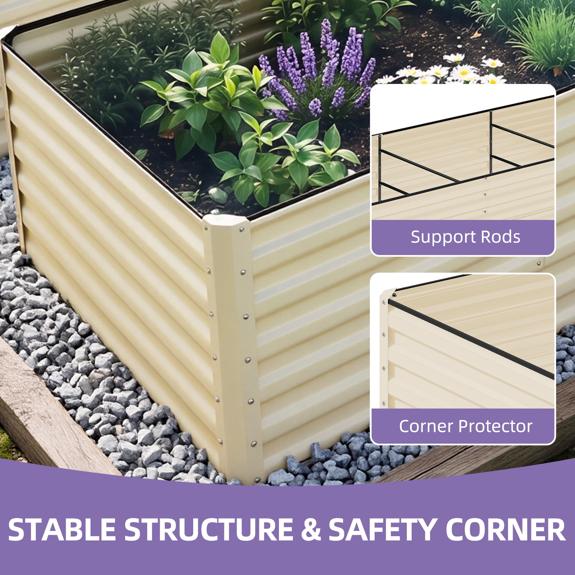 Uforic 6x3x2 Ft 2 Pieces Galvanized Metal Raised Garden Bed Kit with Free Gloves Cream White