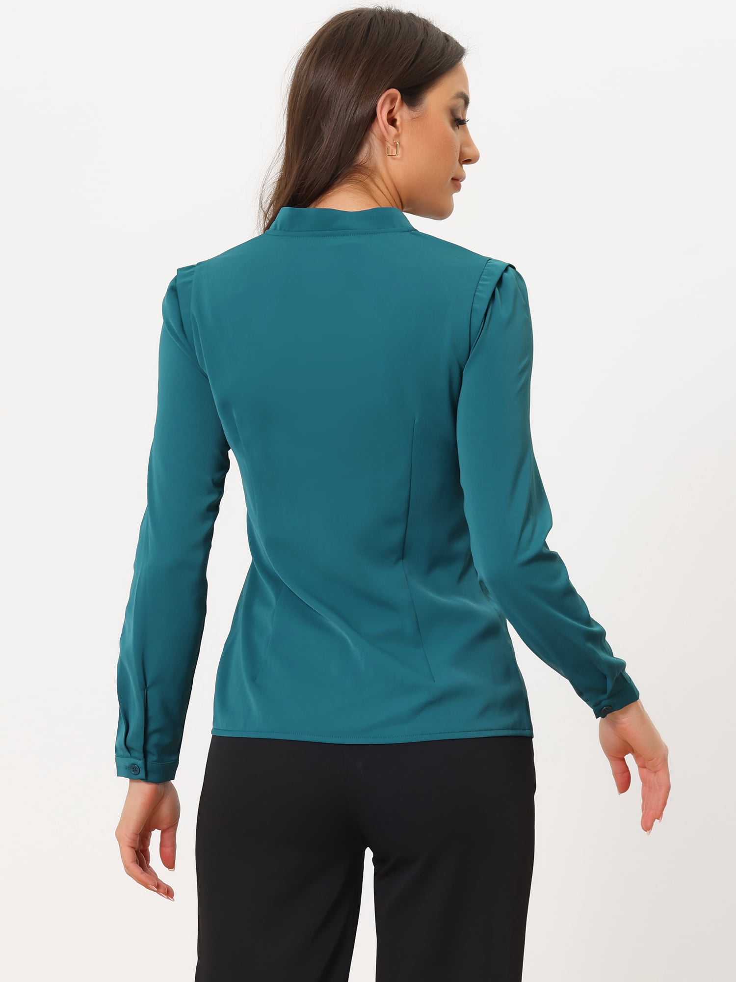 DARING DIVA Women's Elegant V Neck Long Sleeves Button Down Shirt S Lake Blue