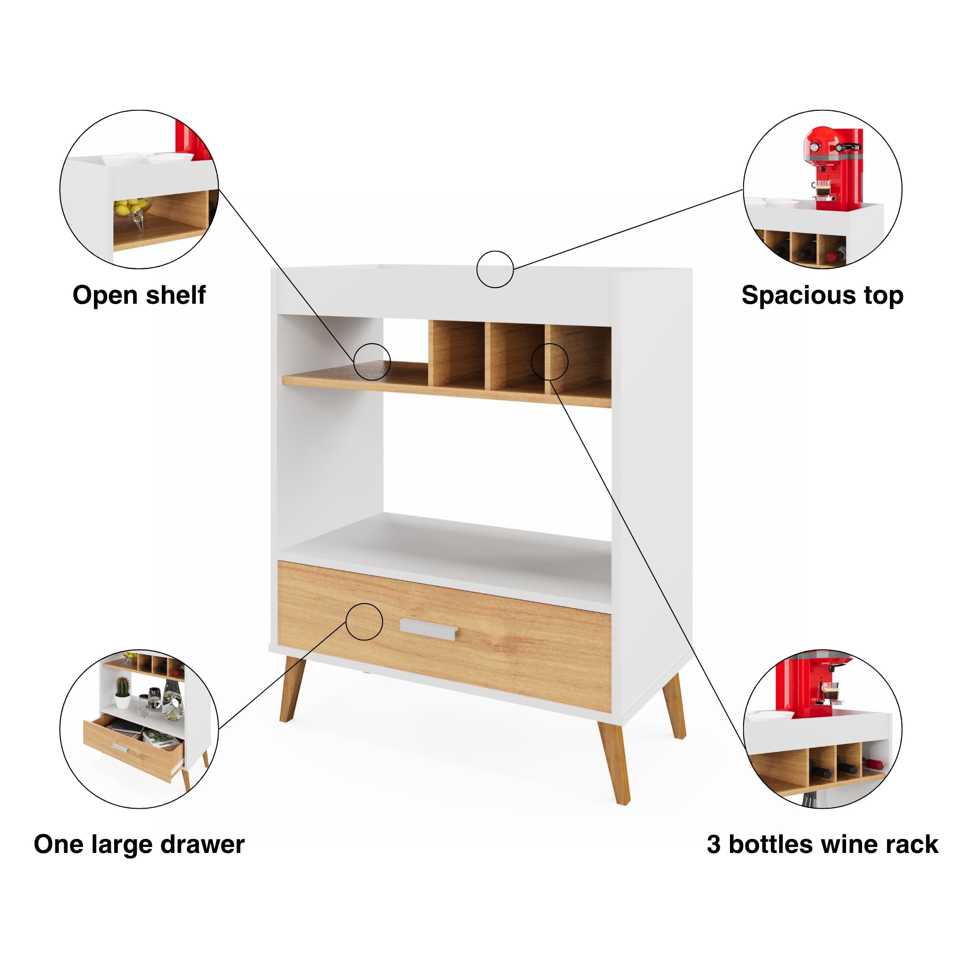Ember Interiors Stirling White-Brown Mini Bar with Wine Storage, Drawer, and Shelf – Compact Design for Adults