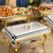 Jacgood Rectangle Golden Chafing Dish Buffet Set Half Pan, 8Qt 4 Pack Stainless Steel Catering Warmer Set with Water Pan for Home Party, Buffets, Wedding, Banquet, Catering Events