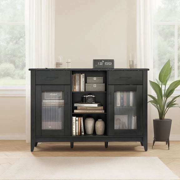 Barara King Sideboard Buffet Cabinet, Kitchen Storage Cabinet,Sideboard Buffet Cabinet with 2 Drawers and 4 Adjustable Shelves-Black