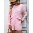 thumbnail image 4 of 2 Piece Sets for Women Summer Cute Stripe Long Sleeve Knit T Shirts Shorts Matching Lounge Set Pink L, 4 of 8