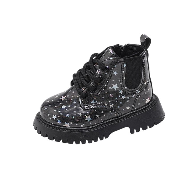 Black Shiny Patent Leather Ankle Boots With Star Print Front Lace-Up Design For Kids, Suitable For All-Season Use