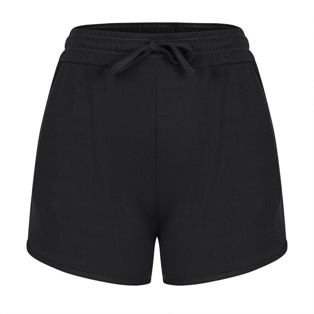 asjyhkr Workout Shorts for Women Ribbed Knit Stretch Drawstring Gym Shorts with Pockets Running Athletic Tennis