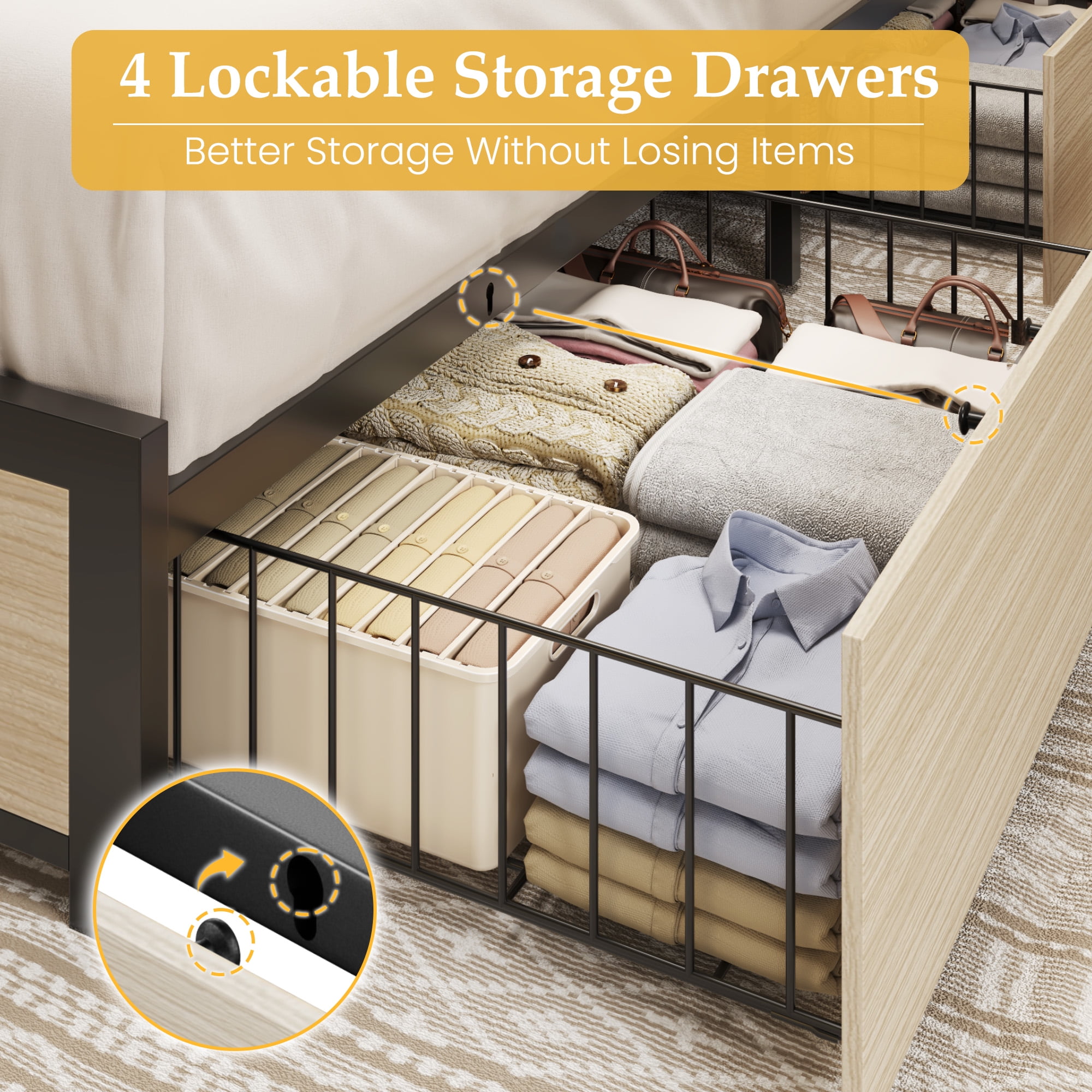 Lifezone King Size Bed Frame with 2-Tier Bookcase Headboard Platform Bed with Charging Station & LED, 4 Storage Drawers, Metal Support, No Box Spring Needed, Noise Free, Beige