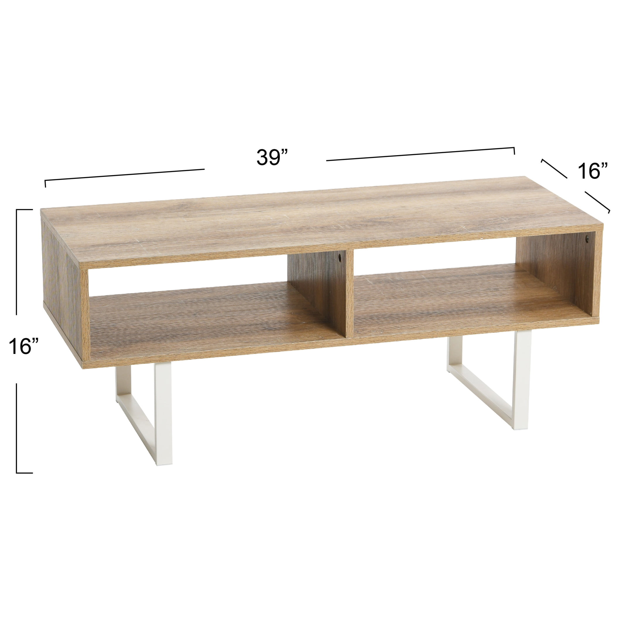 Household Essentials Jamestown TV Stand Coffee Table with Rectangular Storage Compartments Coastal Oak Rustic Wood Grain and White Metal