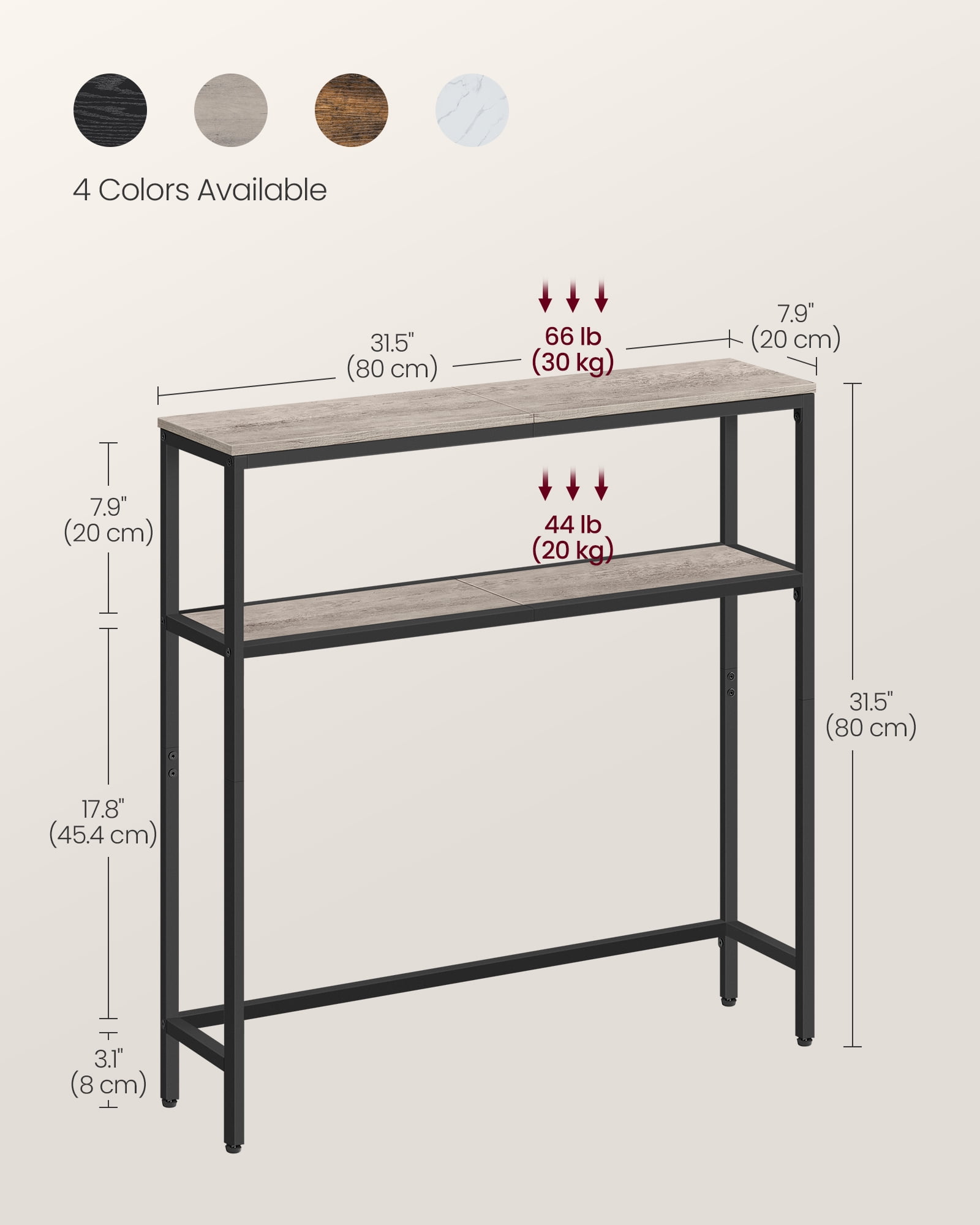 VASAGLE Console Table, 2-Tier Narrow Sofa Table with 2 Shelves, 7.9 x 31.5 x 31.5 Inches, Heather Greige and Ink Black