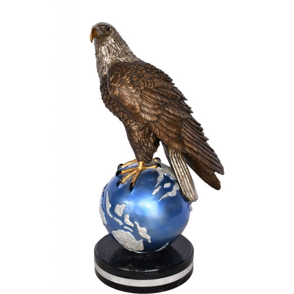 Nifao Bald Eagle Standing on a Blue Globe Bronze Statue – Home Decor Sculpture, 17"L x 9"W x 23"H
