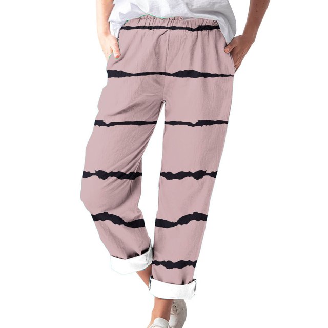 Timegard Womens Plus Size Pants Striped Straight Leg Elastic Waist Lounge Pants with Pockets Fall Travel