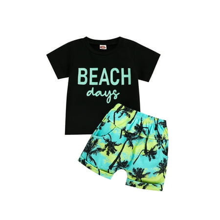 

Multitrust Baby Boys 2 Pieces Summer Outfit Round Neck Short Sleeve Letter Printed T-Shirt and Tree Printed Shorts