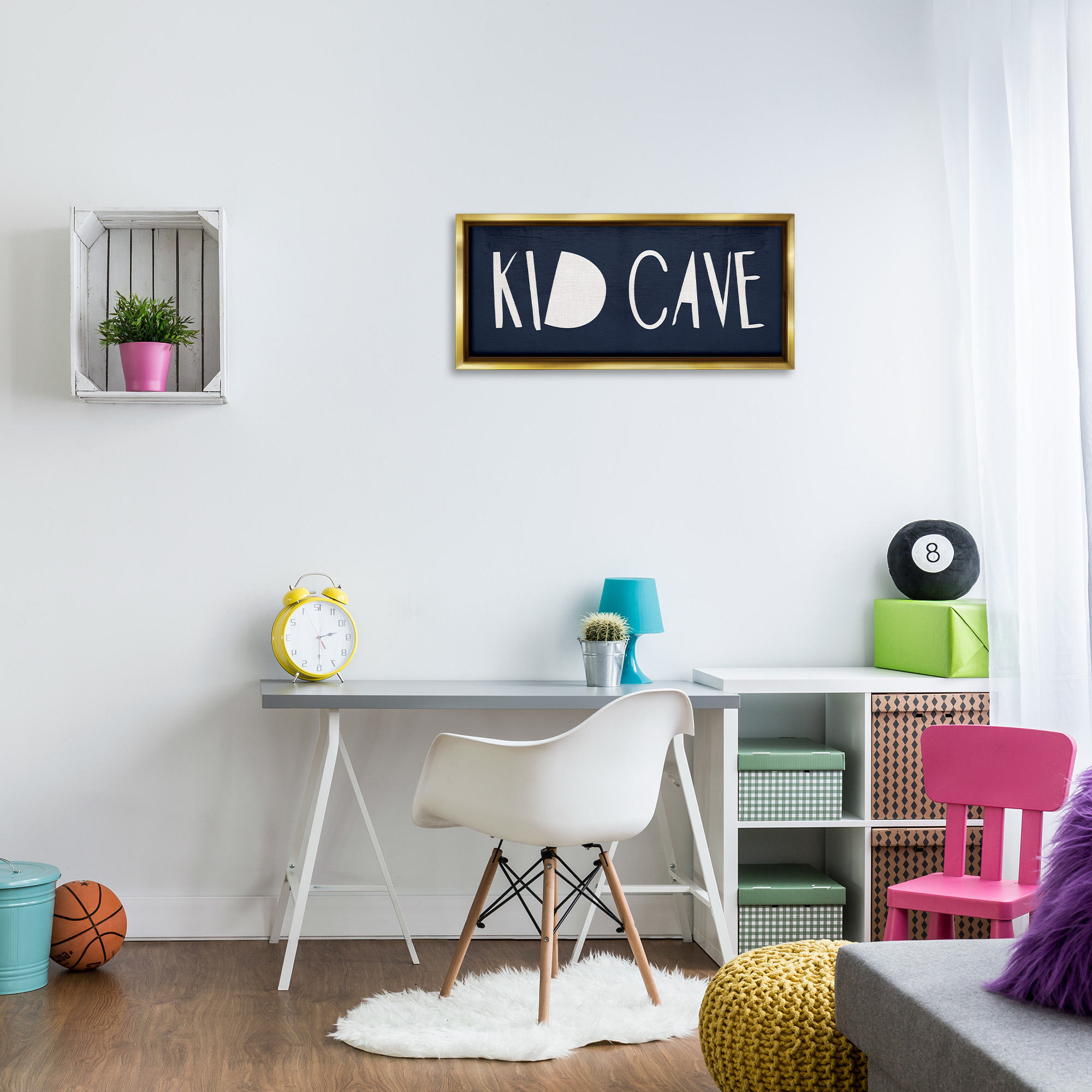 Stupell Industries Minimal Kid Cave Sign Typography Painting Gold Floater Framed Canvas Art Print Wall Art, 31 x 14