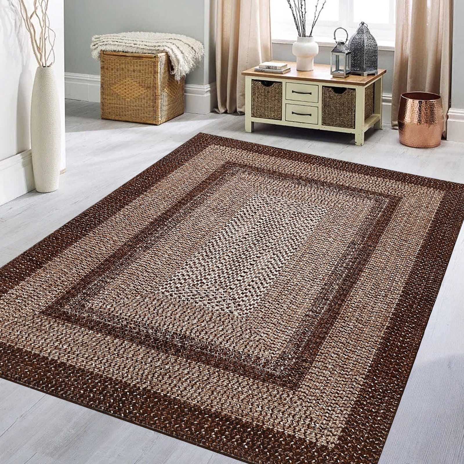 Tzou Modern Braid Print Washable Area Rugs 5x7ft with Anti-Slip TPR Back, Ultra-Thin Carpet for Living Room Bedroom Dining Room