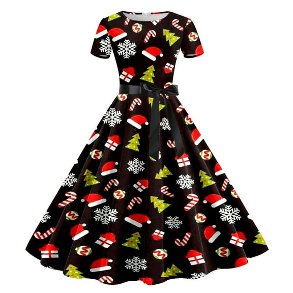 Women Christmas Outfit 1950s Christmas Themed Evening Party Prom Dress for Women with Festive Print and Short Sleeve Design Black M