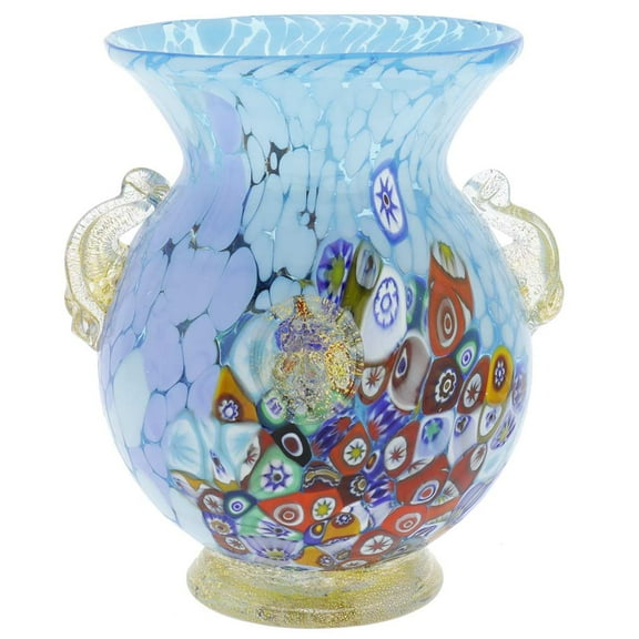 GlassOfVenice Murano Glass Millefiori Urn Vase with Lion Heads - Aqua