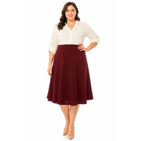 Moa Collection Women's Plus Size Classic Solid Flared Lightweight Elastic Waist Long Midi A-Line Skirt, Female