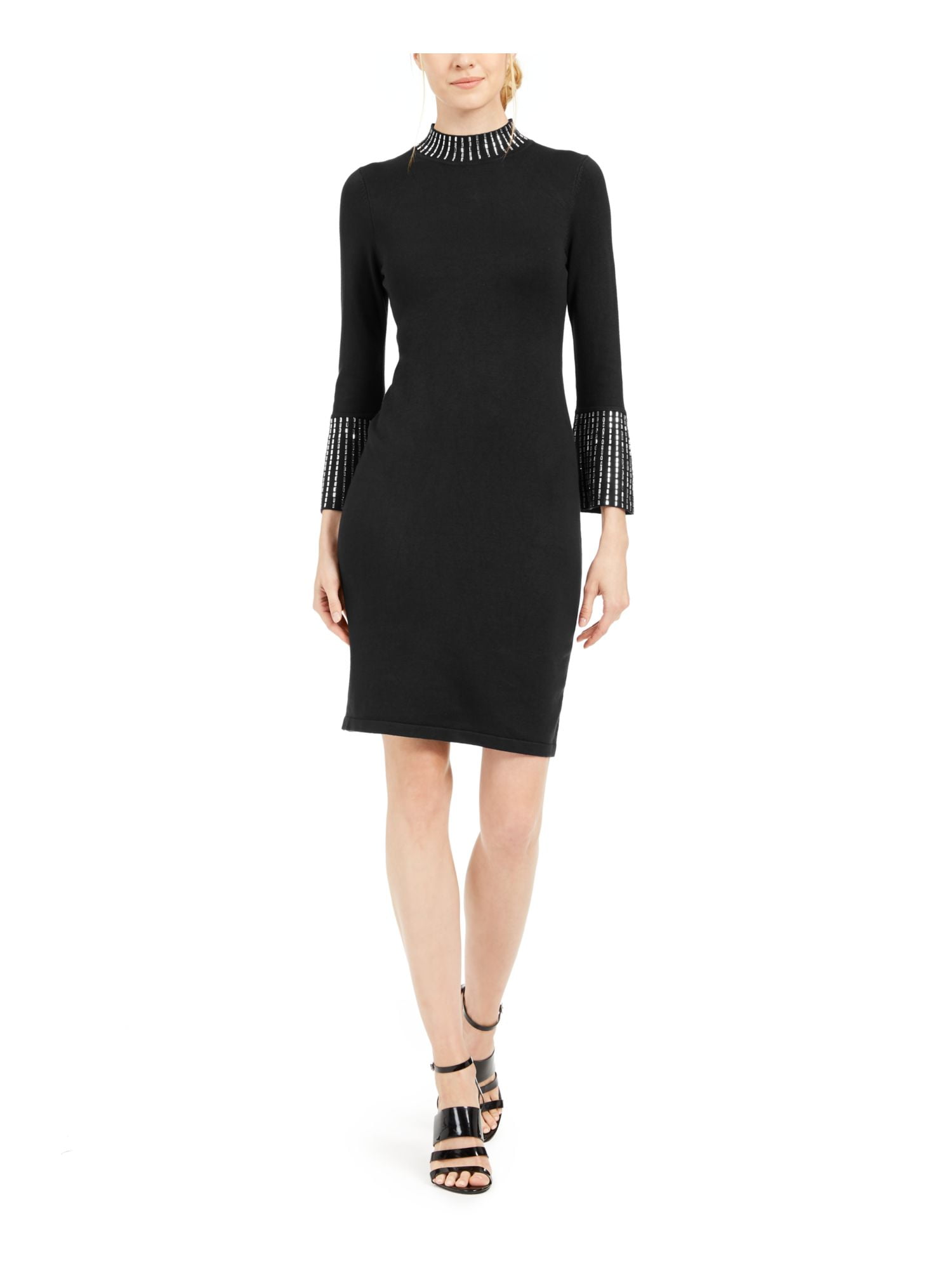 Calvin Klein Womens Petites Embellished Bell Sleeves Sweaterdress Black PXS  