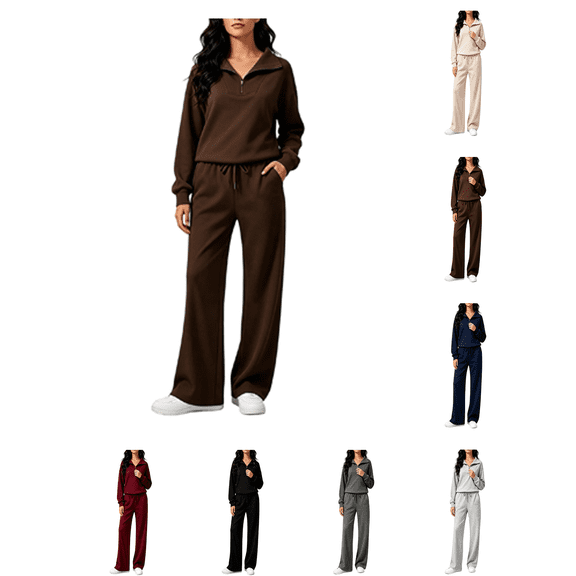 Atkumj Womens 2 Piece Sweatsuits Sets Stylish Half Zip Stand Collar Sweatshirts and Drawstring Straight Leg Sweatpants Tracksuit Set Casual Solid Color Fall Sets for Women with Pockets S