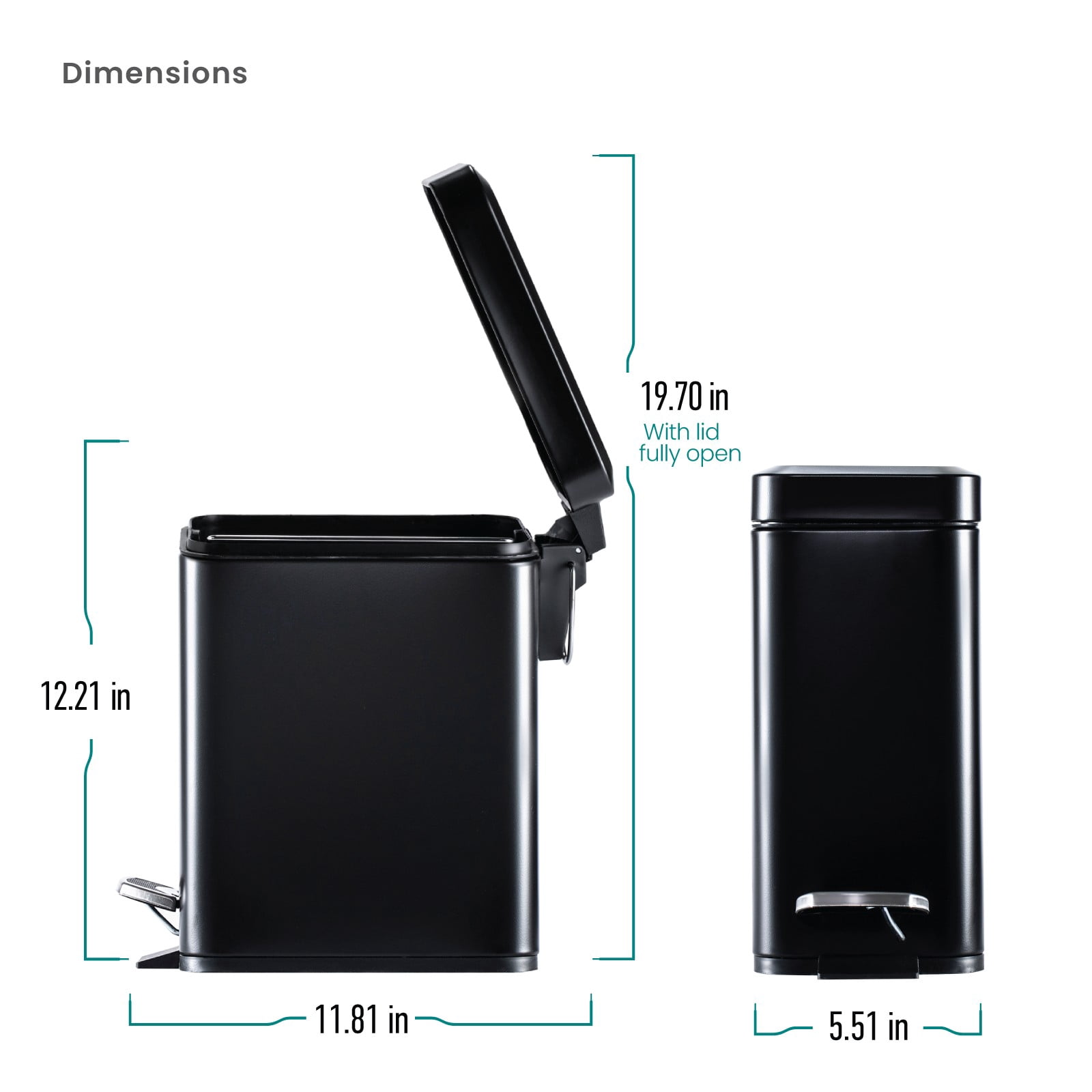 Home Zone Living 1.3 Gallon Slim Stainless Steel Trash Can with Step On Pedal and Soft Close Lid, Black