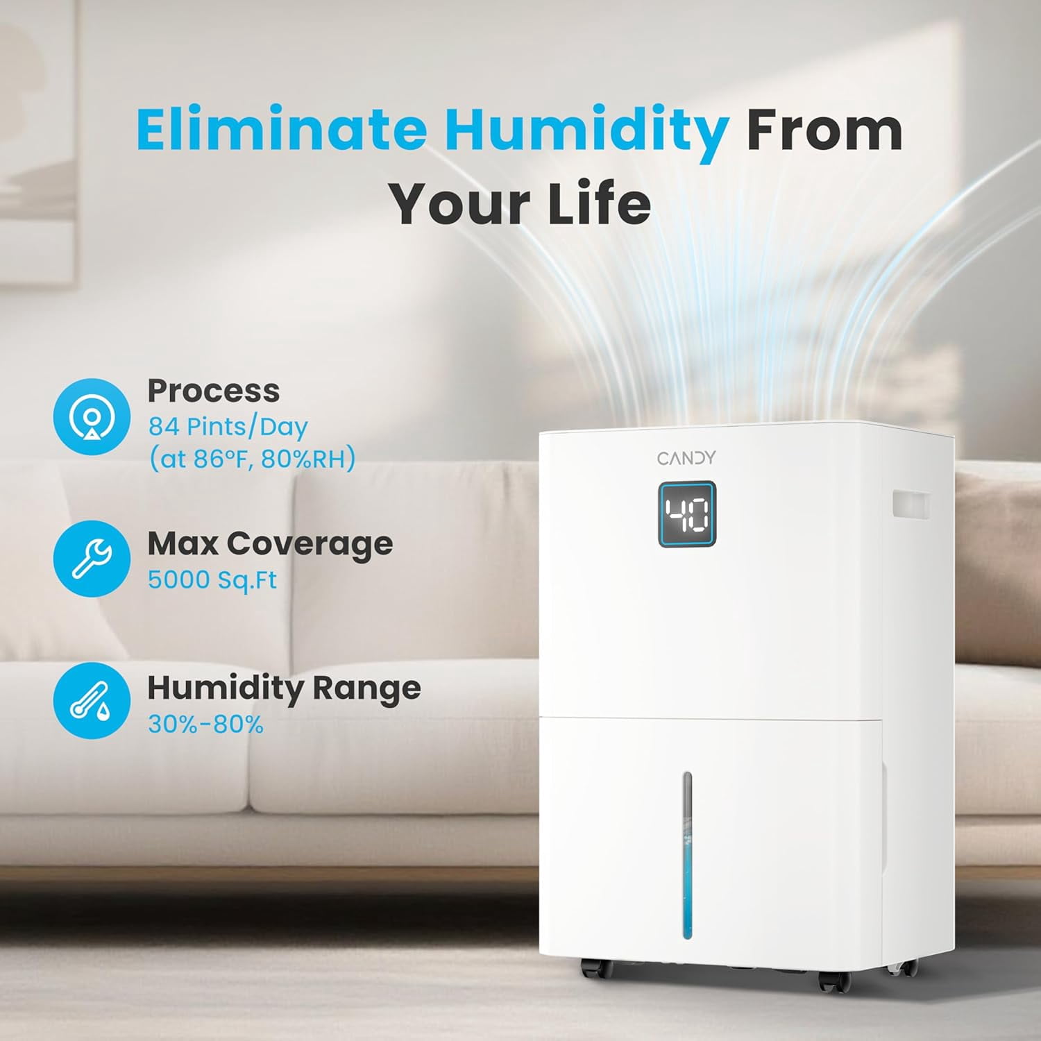 100-Pint Large Dehumidifier for Home & Basement, Covers Up to 5,500 Sq.Ft, 1.45-Gallon Tank, WiFi & Alexa Smart Control, Auto Humidity Reminder, Includes Drain Hose