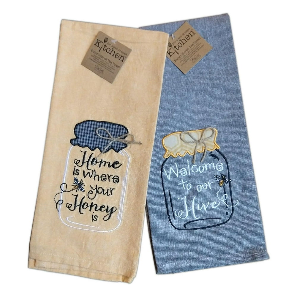 Set Of 2 HONEY BEE Mason Jar Embroidered Kitchen Tea Towels By Kay Dee