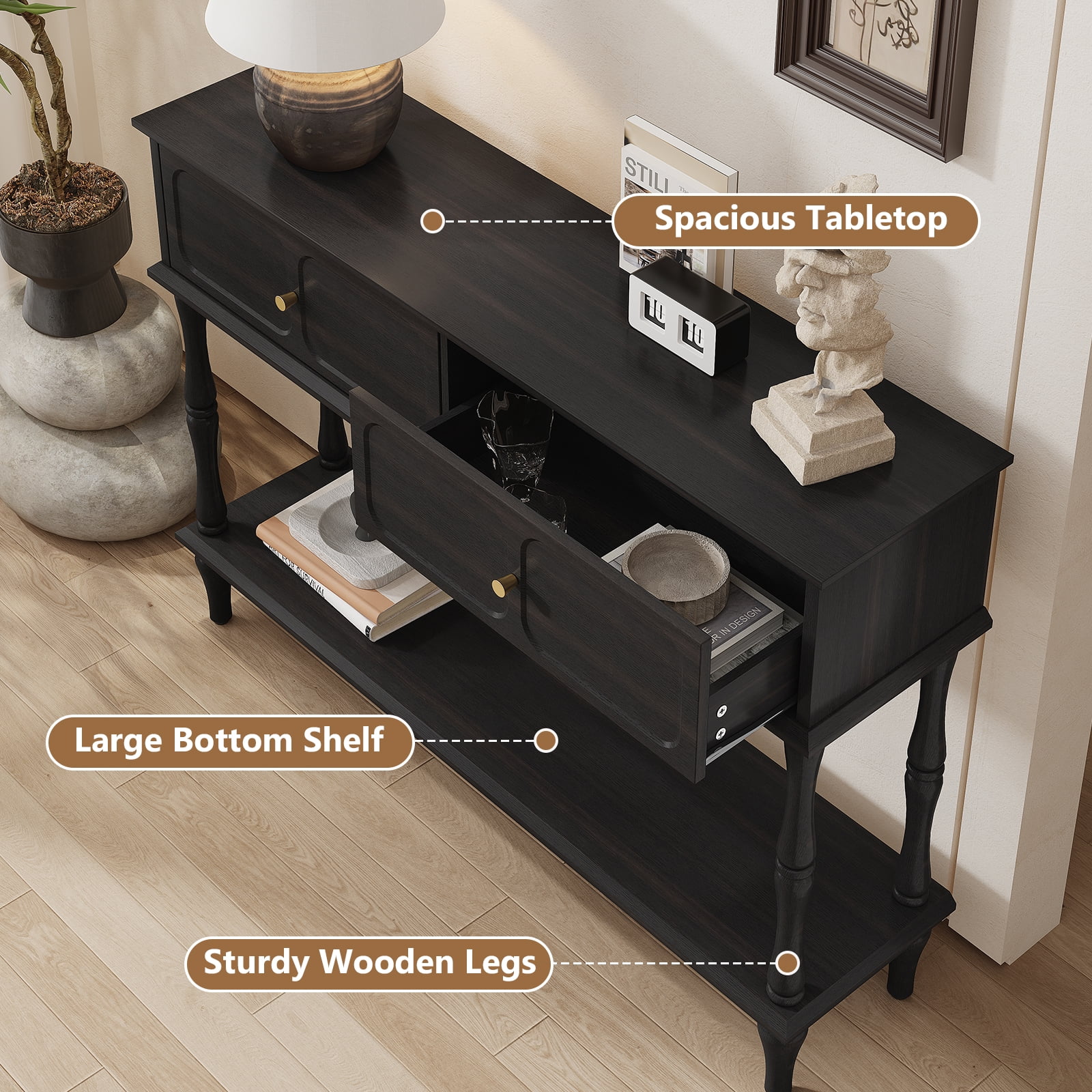 CBJCBJ 47" Mid-Century Console Tables, Entryway Table with Storage for Living Room, Hallway, Black