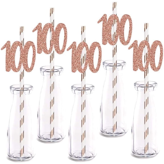 Rose Happy 100th Birthday Straw Decor, Rose Gold Glitter 12pcs Cut-Out Number 100 Party Drinking Decorative Straws, Supplies